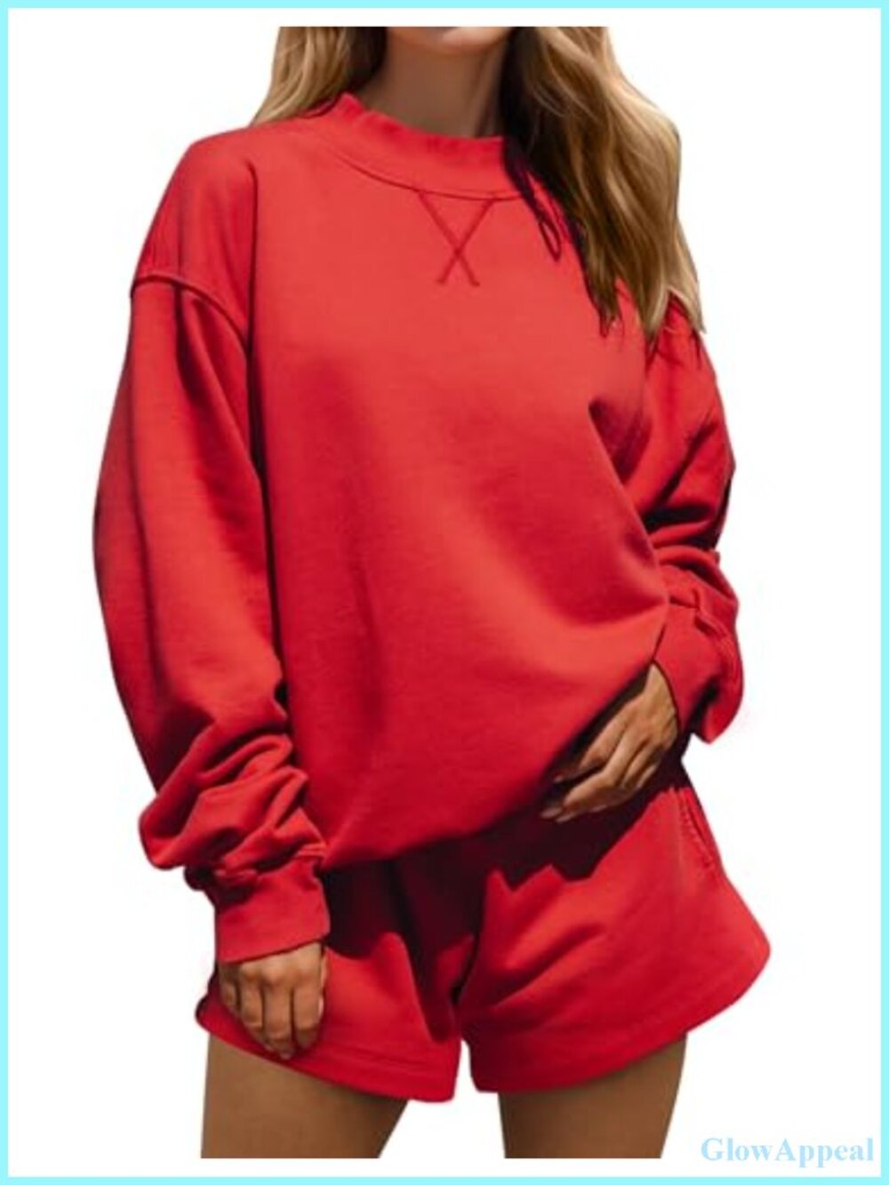 Women 2 Piece Lounge Set Mock Neck Oversized Sweatshirt Sweat Shorts Pockets